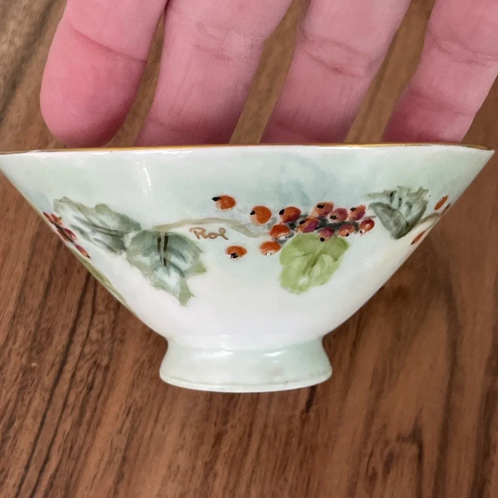 Vintage HANDPAINTED Rice Bowl Porcelain grapes cherries signed 
